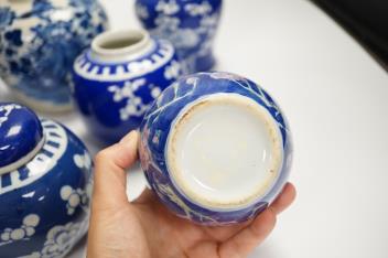 Eight Chinese blue and white ginger jars, four with lids, tallest 21cm